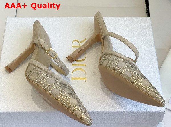 Dior Capture Heeled Mule in Transparent Mesh with Strass Cannage Motif and Nude Suede Goatskin Replica