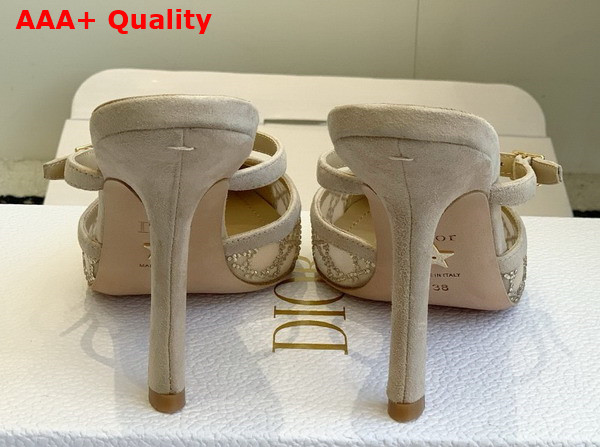 Dior Capture Heeled Mule in Transparent Mesh with Strass Cannage Motif and Nude Suede Goatskin Replica