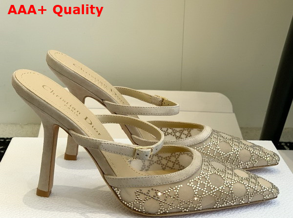 Dior Capture Heeled Mule in Transparent Mesh with Strass Cannage Motif and Nude Suede Goatskin Replica