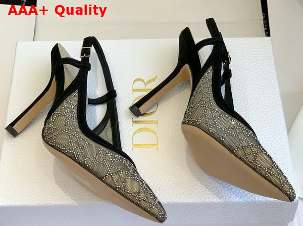 Dior Capture Slingback Pump in Transparent Mesh with Silver Tone Strass Cannage Motif and Black Suede Goatskin Replica