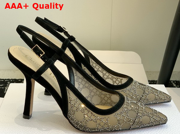 Dior Capture Slingback Pump in Transparent Mesh with Silver Tone Strass Cannage Motif and Black Suede Goatskin Replica