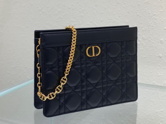 Dior Caro Zipped Pouch with Chain Black Supple Cannage Calfskin Replica