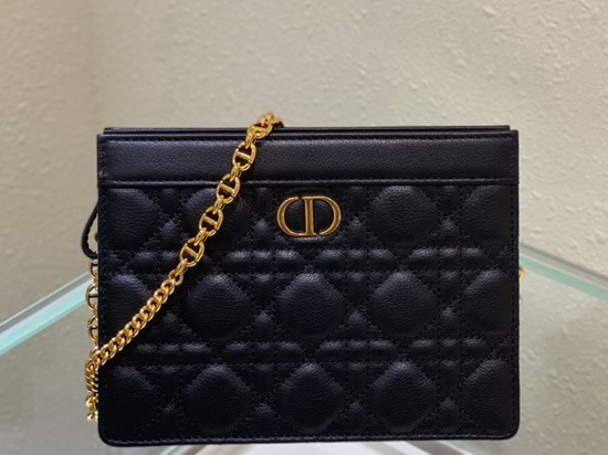 Dior Caro Zipped Pouch with Chain Black Supple Cannage Calfskin Replica