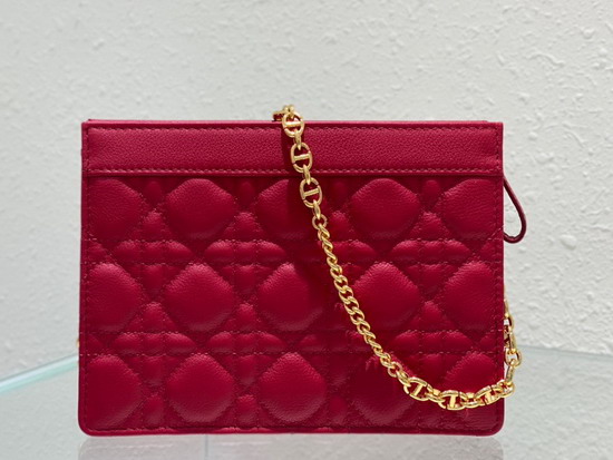 Dior Caro Zipped Pouch with Chain Red Supple Cannage Calfskin Replica