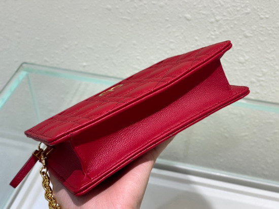 Dior Caro Zipped Pouch with Chain Red Supple Cannage Calfskin Replica