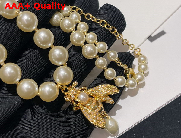 Dior D Bee Necklace Gold Finish Metal and White Resin Pearls Replica