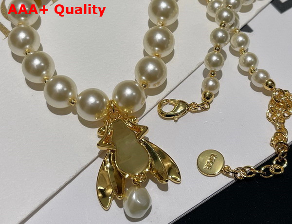 Dior D Bee Necklace Gold Finish Metal and White Resin Pearls Replica