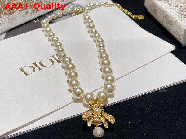 Dior D Bee Necklace Gold Finish Metal and White Resin Pearls Replica