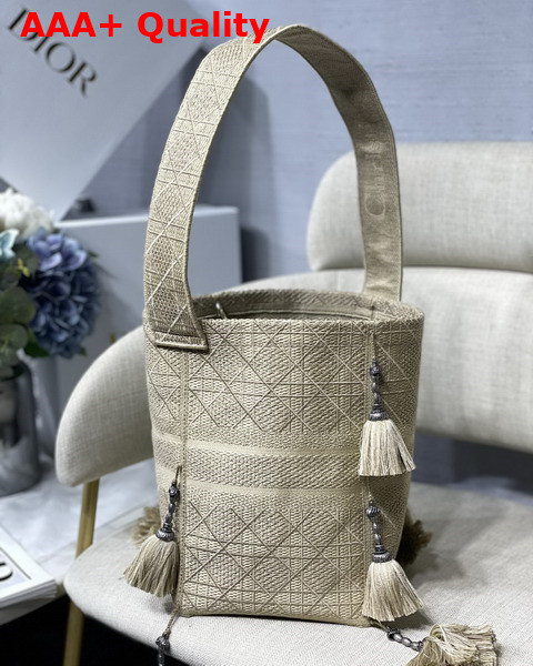 Dior D Bubble Bucket Bag Beige Cannage Embroidery with Straw Effect Replica