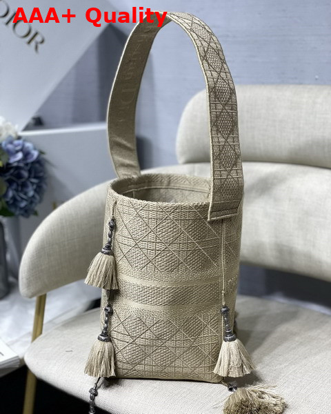 Dior D Bubble Bucket Bag Beige Cannage Embroidery with Straw Effect Replica