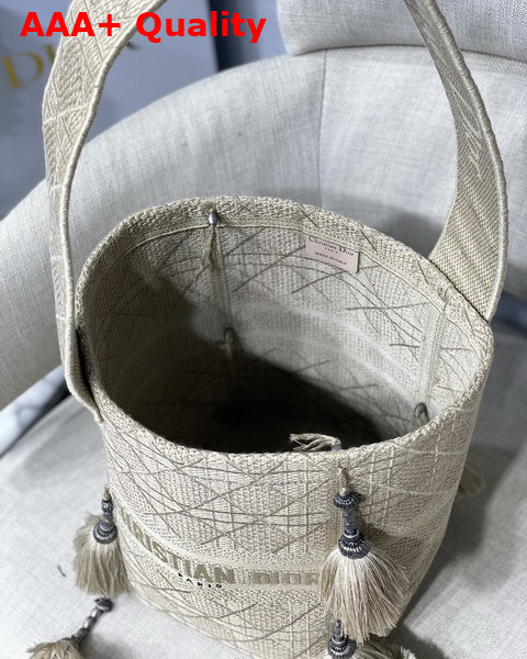 Dior D Bubble Bucket Bag Beige Cannage Embroidery with Straw Effect Replica