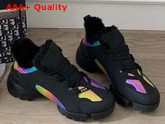 Dior D Connect Sneaker in Black Leather and Multicolor Fabric with Shearling Lining Replica