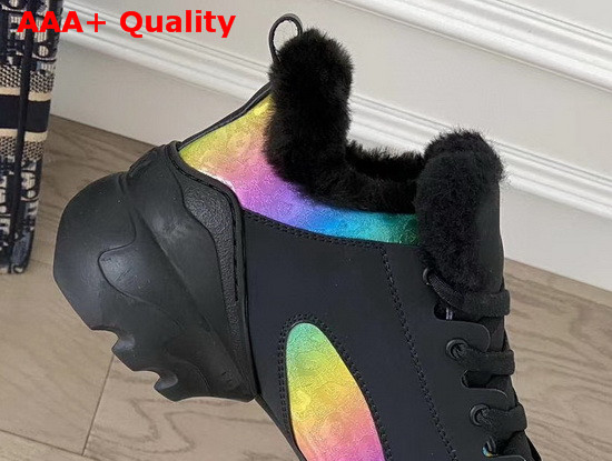 Dior D Connect Sneaker in Black Leather and Multicolor Fabric with Shearling Lining Replica