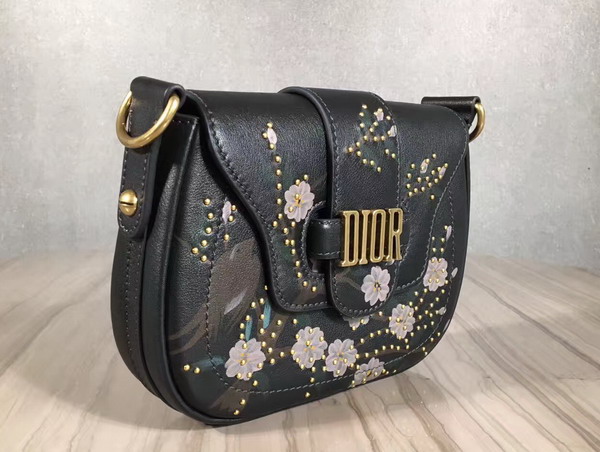 Dior D Fence Studded Saddle Bag in Black Calfskin For Sale