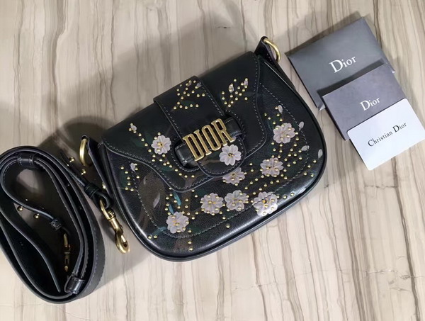 Dior D Fence Studded Saddle Bag in Black Calfskin For Sale