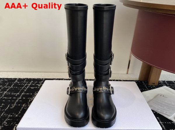 Dior D Fight Boot in Black Calfskin and Leather Effect Stretch Material Replica