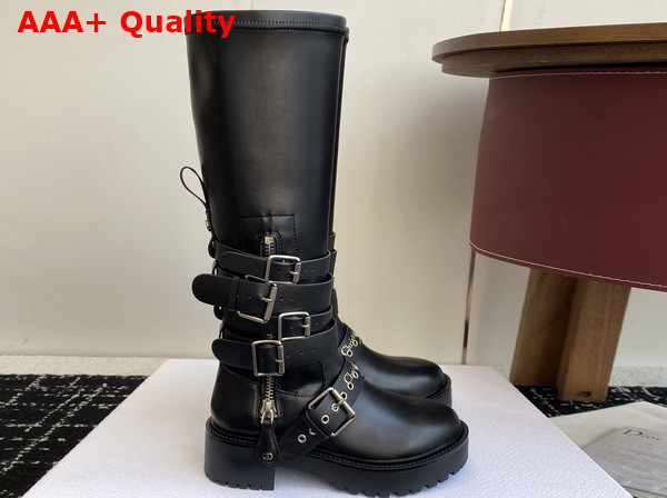 Dior D Fight Boot in Black Calfskin and Leather Effect Stretch Material Replica