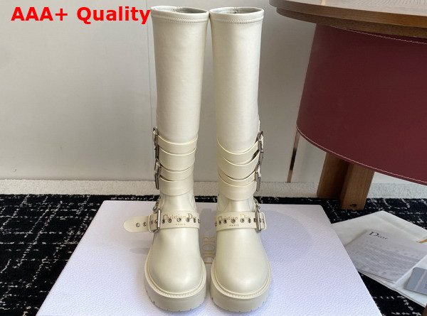 Dior D Fight Boot in White Calfskin and Leather Effect Stretch Material Replica