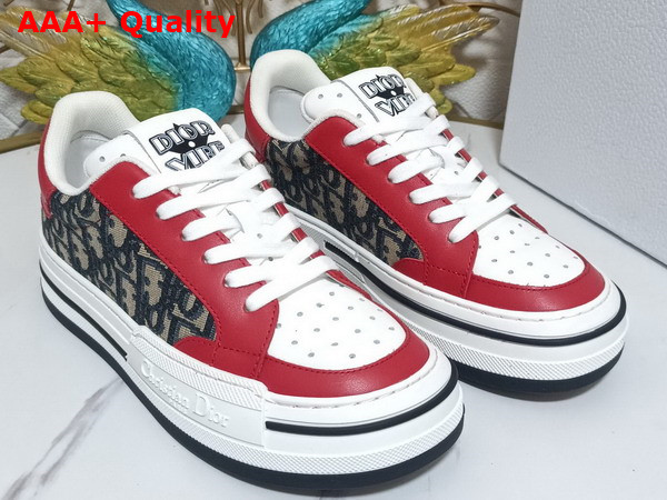 Dior D Freeway Sneaker Red Calfskin and Blue Dior Oblique Jacquard Canvas Replica