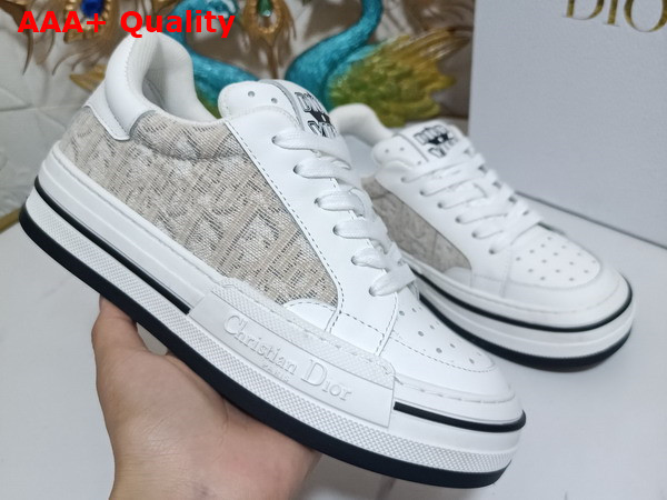 Dior D Freeway Sneaker White Calfskin and Beige Dior Oblique Jacquard Canvas Replica