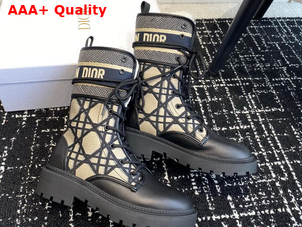 Dior D Major Ankle Boot Black Calfskin with Beige and Blue Macrocannage Embroidery Canvas Replica