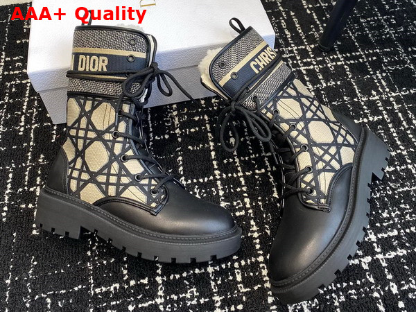 Dior D Major Ankle Boot Black Calfskin with Beige and Blue Macrocannage Embroidery Canvas Replica