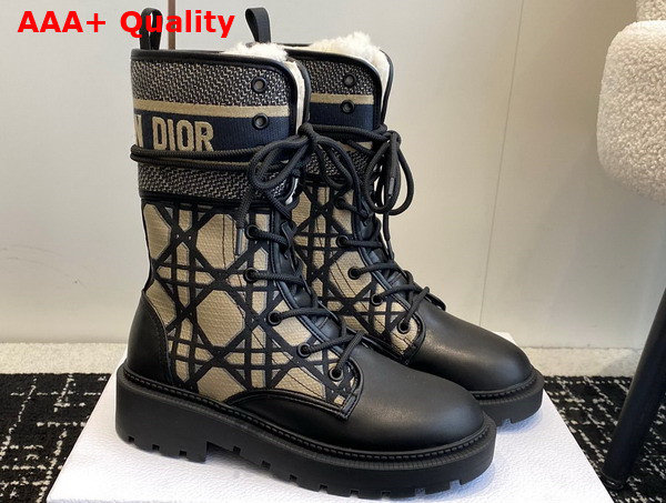 Dior D Major Ankle Boot Black Calfskin with Beige and Blue Macrocannage Embroidery Canvas Replica