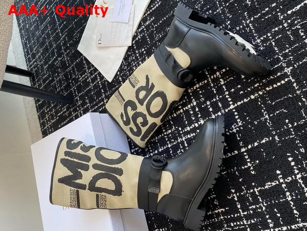 Dior D Major Boot Warm Taupe Technical Canvas with Black Miss Dior Graffiti Print and Black Calfskin Replica