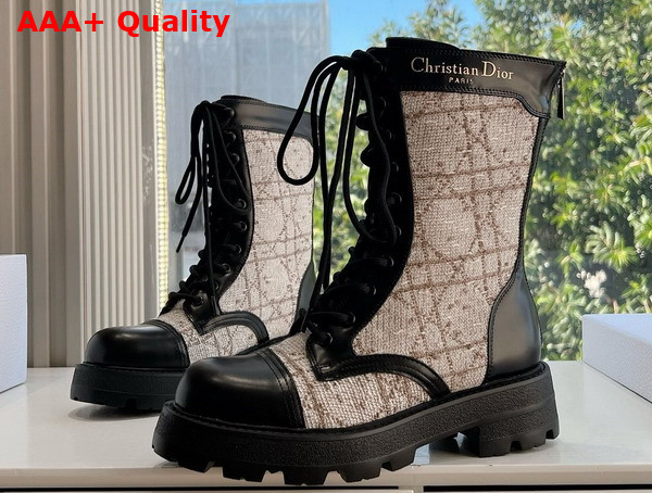 Dior D Unit Ankle Boot Black Calfskin with Beige and Black Cannage Tweed Replica