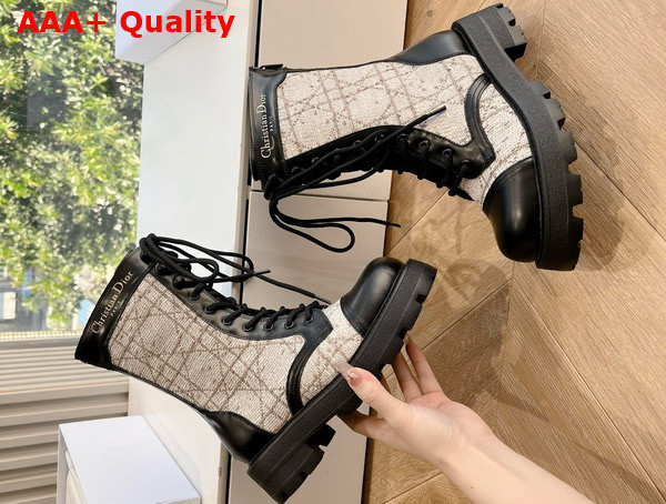 Dior D Unit Ankle Boot Black Calfskin with Beige and Black Cannage Tweed Replica