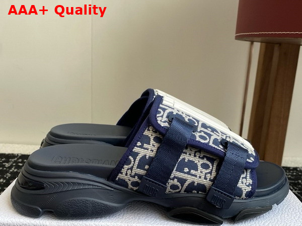Dior D Wander Slide in Blue Dior Oblique Printed Technical Fabric and White Rubber Replica