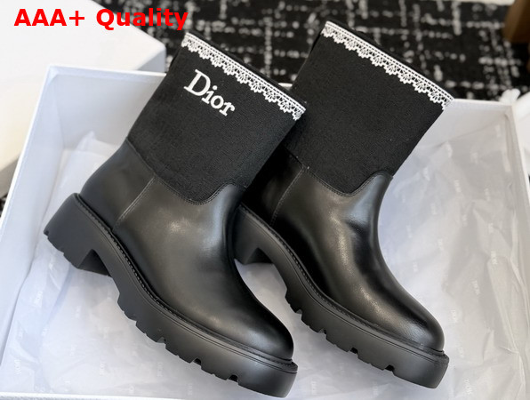Dior Dentelle Ankle Boot in Black Calfskin Black Dior Oblique Embroidered Cotton and White Lace Replica