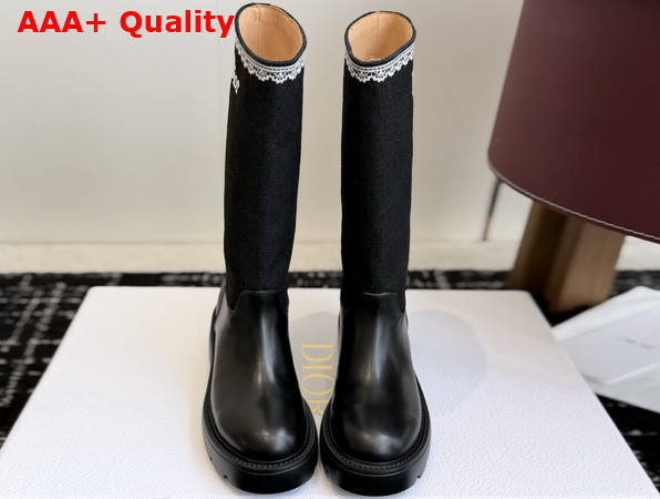Dior Dentelle Boot Black Calfskin Black Dior Oblique Embroidered Cotton and White Lace Replica