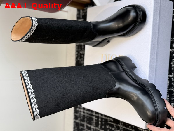 Dior Dentelle Boot Black Calfskin Black Dior Oblique Embroidered Cotton and White Lace Replica