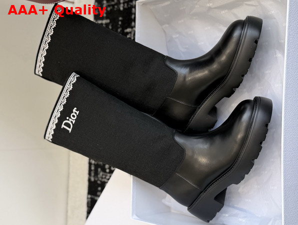 Dior Dentelle Boot Black Calfskin Black Dior Oblique Embroidered Cotton and White Lace Replica