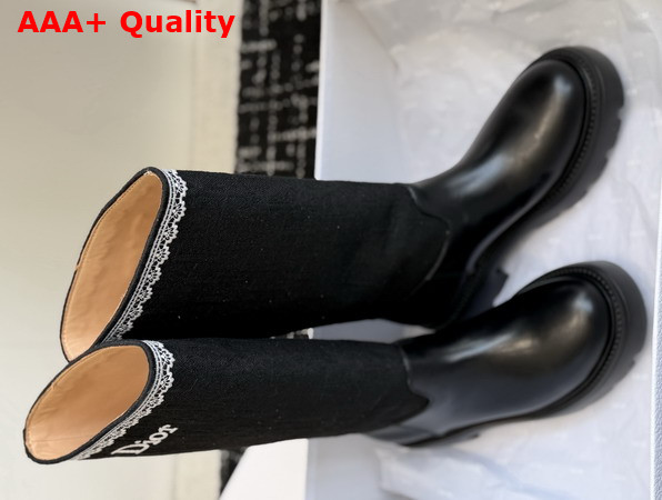 Dior Dentelle Boot Black Calfskin Black Dior Oblique Embroidered Cotton and White Lace Replica