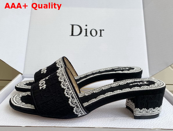 Dior Dentelle Heeled Slide Black Dior Oblique Embroidered Cotton and White Lace Replica