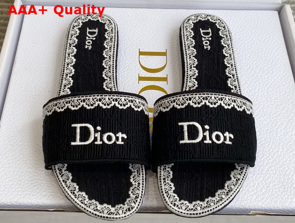 Dior Dentelle Heeled Slide Black Dior Oblique Embroidered Cotton and White Lace Replica