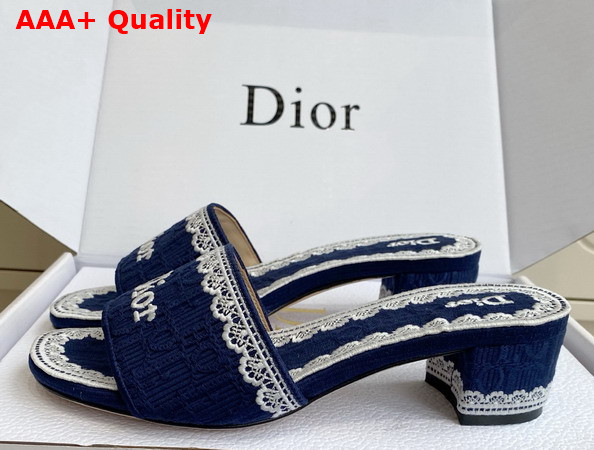 Dior Dentelle Heeled Slide Navy Blue Dior Oblique Embroidered Cotton and White Lace Replica