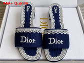 Dior Dentelle Heeled Slide Navy Blue Dior Oblique Embroidered Cotton and White Lace Replica