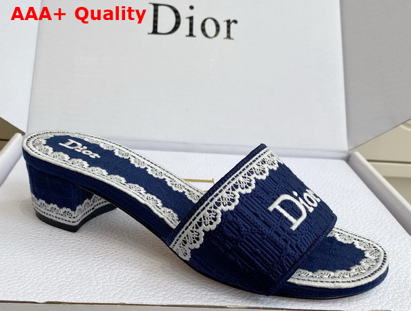 Dior Dentelle Heeled Slide Navy Blue Dior Oblique Embroidered Cotton and White Lace Replica