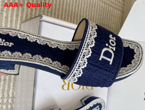 Dior Dentelle Heeled Slide Navy Blue Dior Oblique Embroidered Cotton and White Lace Replica