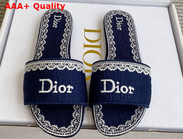 Dior Dentelle Heeled Slide Navy Blue Dior Oblique Embroidered Cotton and White Lace Replica