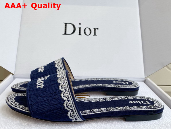 Dior Dentelle Heeled Slide Navy Blue Dior Oblique Embroidered Cotton and White Lace Replica