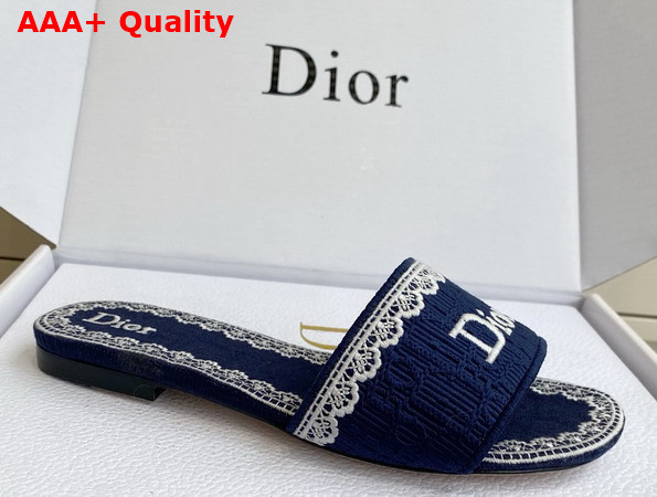 Dior Dentelle Heeled Slide Navy Blue Dior Oblique Embroidered Cotton and White Lace Replica