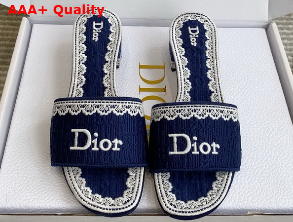 Dior Dentelle Heeled Slide Navy Blue Dior Oblique Embroidered Cotton and White Lace Replica