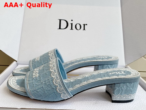 Dior Dentelle Heeled Slide Sky Blue Dior Oblique Embroidered Cotton and White Lace Replica