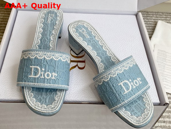 Dior Dentelle Heeled Slide Sky Blue Dior Oblique Embroidered Cotton and White Lace Replica