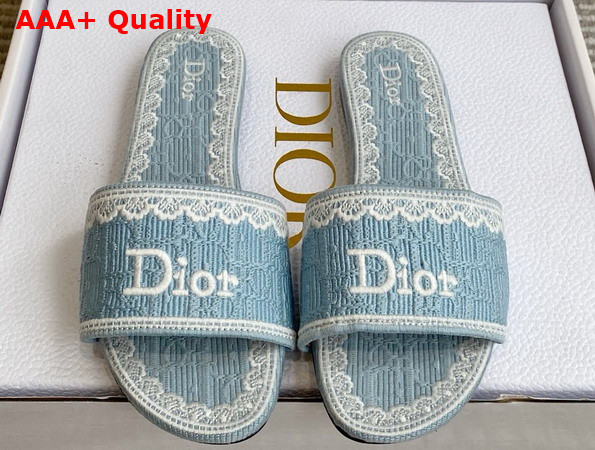 Dior Dentelle Heeled Slide Sky Blue Dior Oblique Embroidered Cotton and White Lace Replica