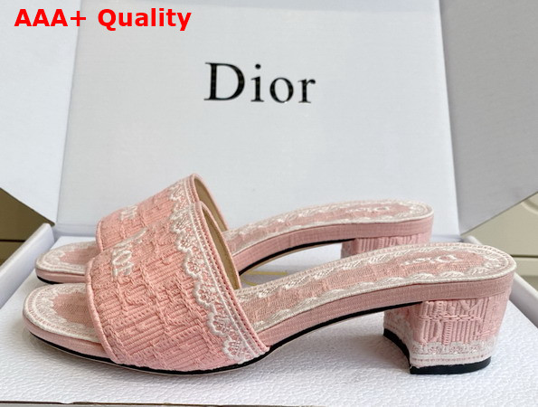 Dior Dentelle Heeled Slide Soupir Pink Dior Oblique Embroidered Cotton and White Lace Replica